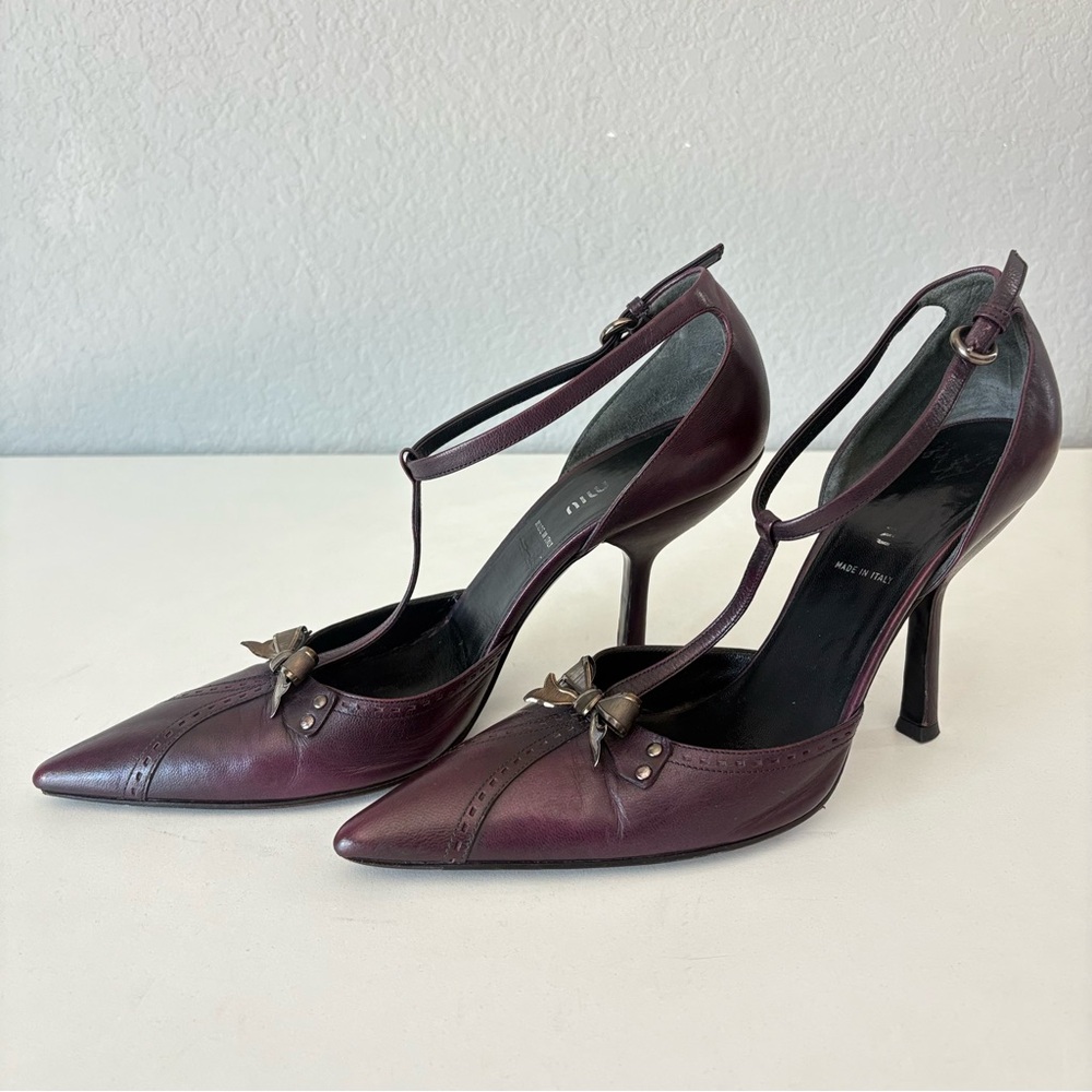 Miu Miu Dark Burgundy Leather Ankle Strap Pointed Toe Women’s Pump Heels US Sz 7 - Picture 2 of 13